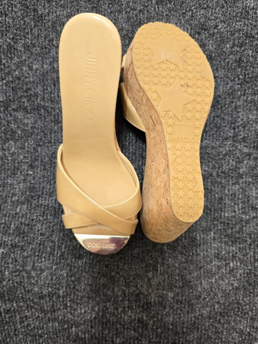 Jimmy Choo Patent Leather Wedge Sandals Women’s 34.5 Beige Cork Heel Crisscross